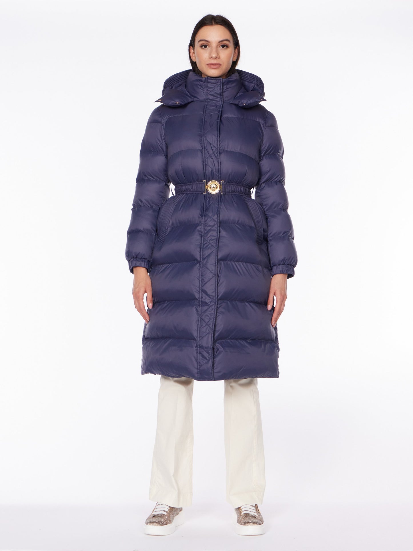 Long Puffer Coat with Elastic Belt and Hoodie