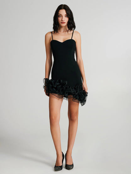 Asymmetric mini dress with gathered tulle