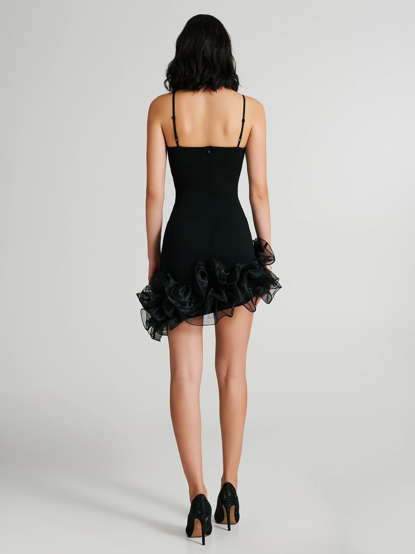Asymmetric mini dress with gathered tulle